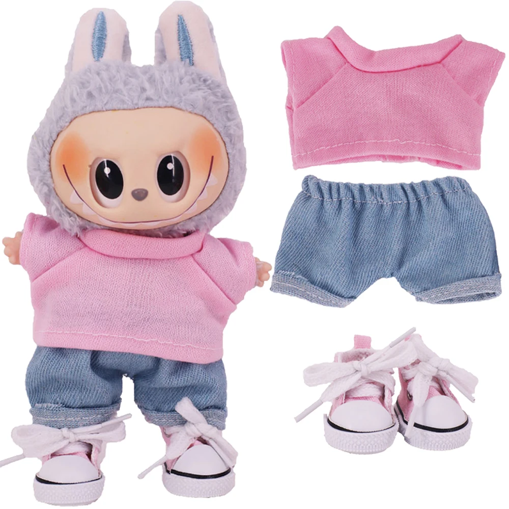 17cm labubu T-shirt+Jeans+Canvas Shoes=3 Pcs Set,Mini Plush Doll Clothes Outfit Accessories Girl‘s Toys’