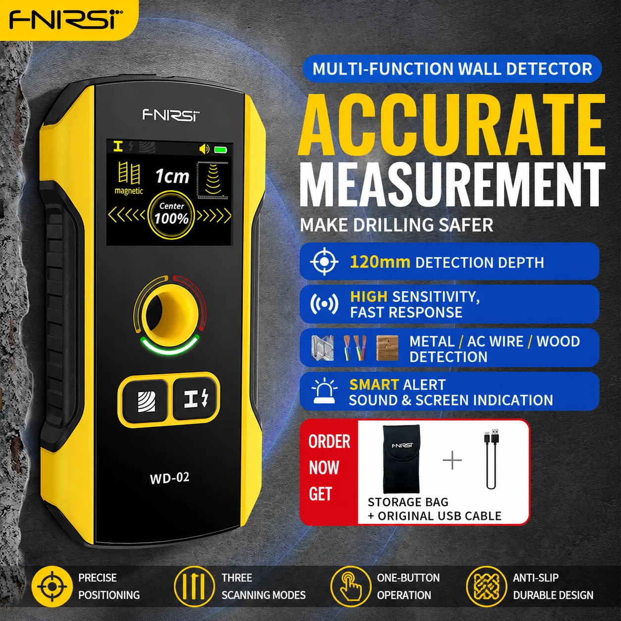 

FNIRSI WD-01 WD-02 Multifunction Wall Detector Stud Finder Detect AC Wires Metal Wood with Positioning Hole for Decoration