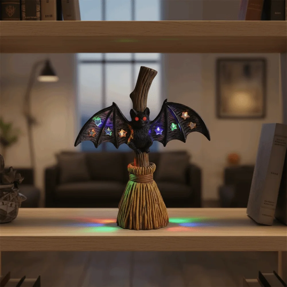 Resin Made Bat Broom Light Button Cells Battery Power Warm Glow Spooky Desk Lamp Retro Style Double Wings Halloween Nightlight
