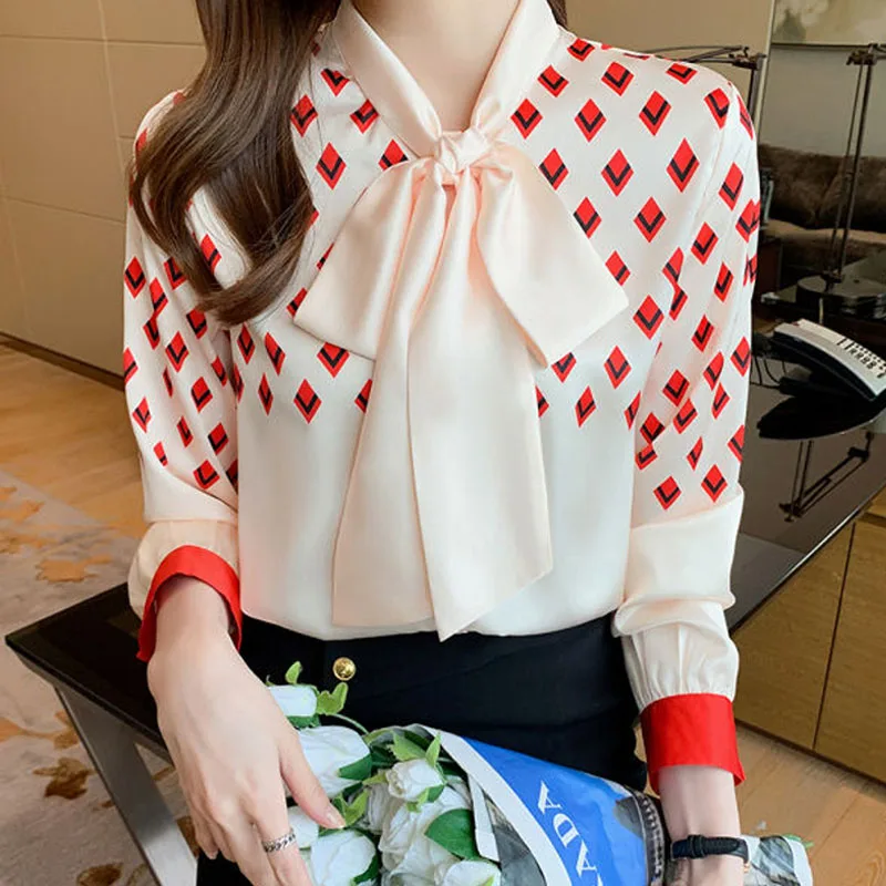 Elegant Fashion Long Sleeve Women\'s Printed Spliced Shirt Korean All-match Scarf Collar Lace Up Chiffon Blouse Female Clothing