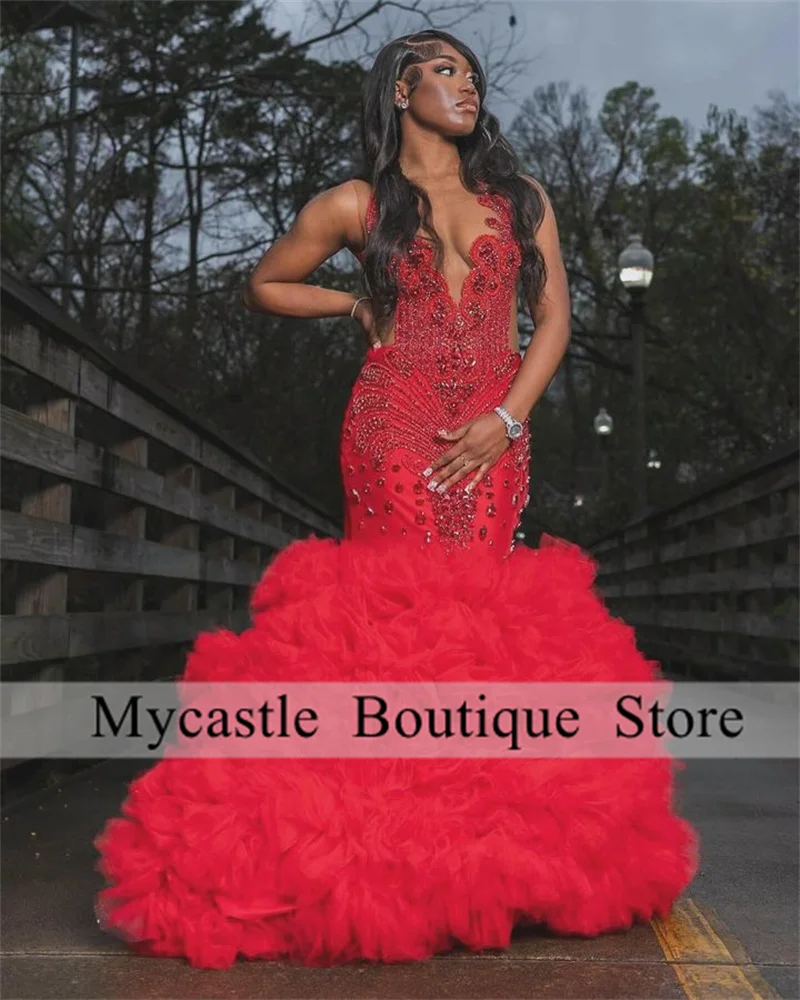 Red Diamonds Mermaid Prom Dresses 2025 For Black Girls Tulle Rhinestones Formal Occasion Gowns Wedding Party Dress Customized