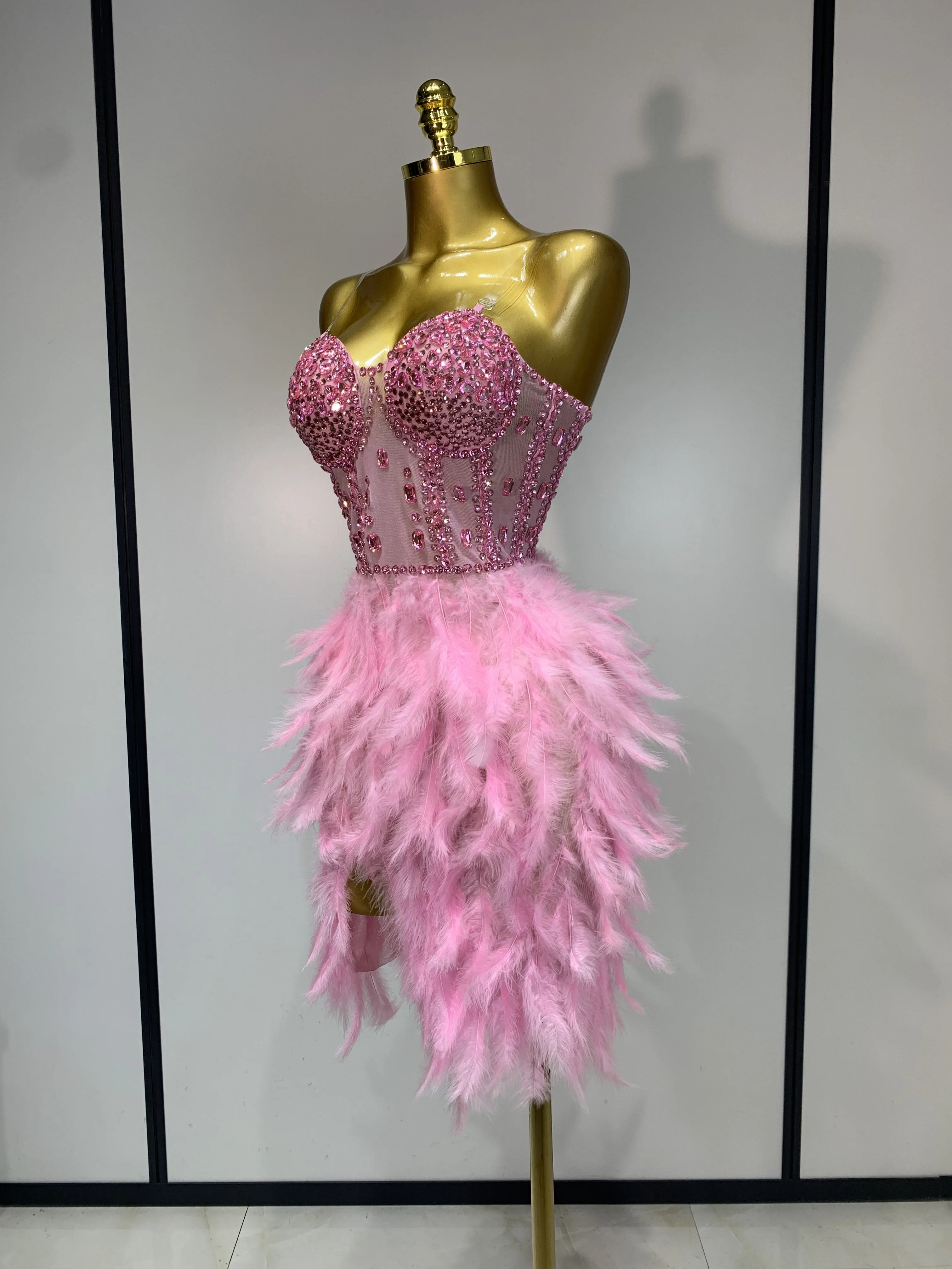 Luxury Birthday Party Glitter Diamond Feather Pink Dress Women Sexy Mesh  Transparent Fancy Club Performance Singer Stage Costume - AliExpress  200000345