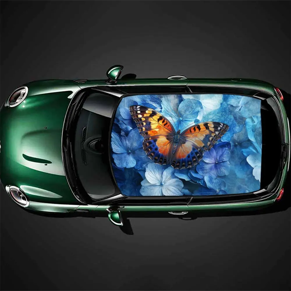 

Fantasy butterfly dance on the car roof, blue flower realm graphics car vinyl wraps, car roof vinyl sticker, show unique charm.