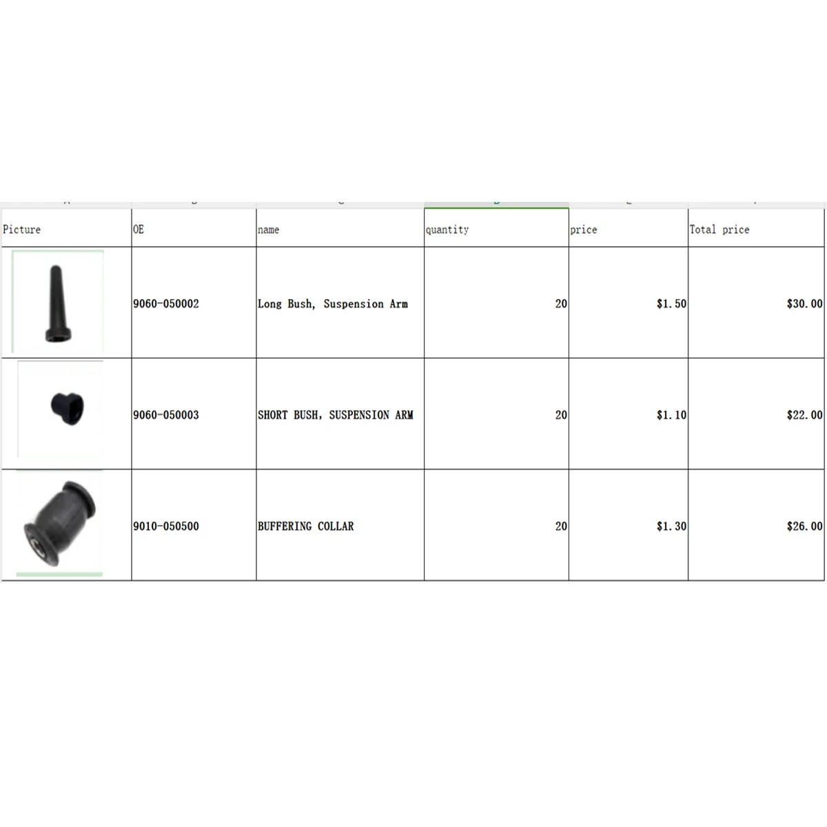 

20pcs Long Bush, Suspension Arm （9060-050002）20pcs SHORT BUSH，SUSPENSION ARM （9060-050002） 20pcs BUFFERING COLLAR（9010-055000））