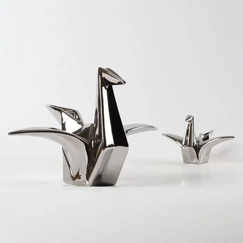 Ceramic Handicrafts Silver Paper Crane Geometric Bird Sculpture Origami Decorative Figurines Home Decoration Accessories
