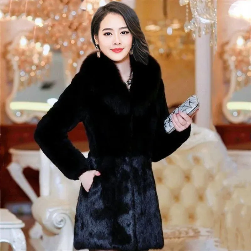 Senhoras coreanas moda comprimento médio de pelúcia superior outwear inverno feminino high-end casaco de pele do falso 2025 feminino tamanho grande 6xl jaqueta de pele