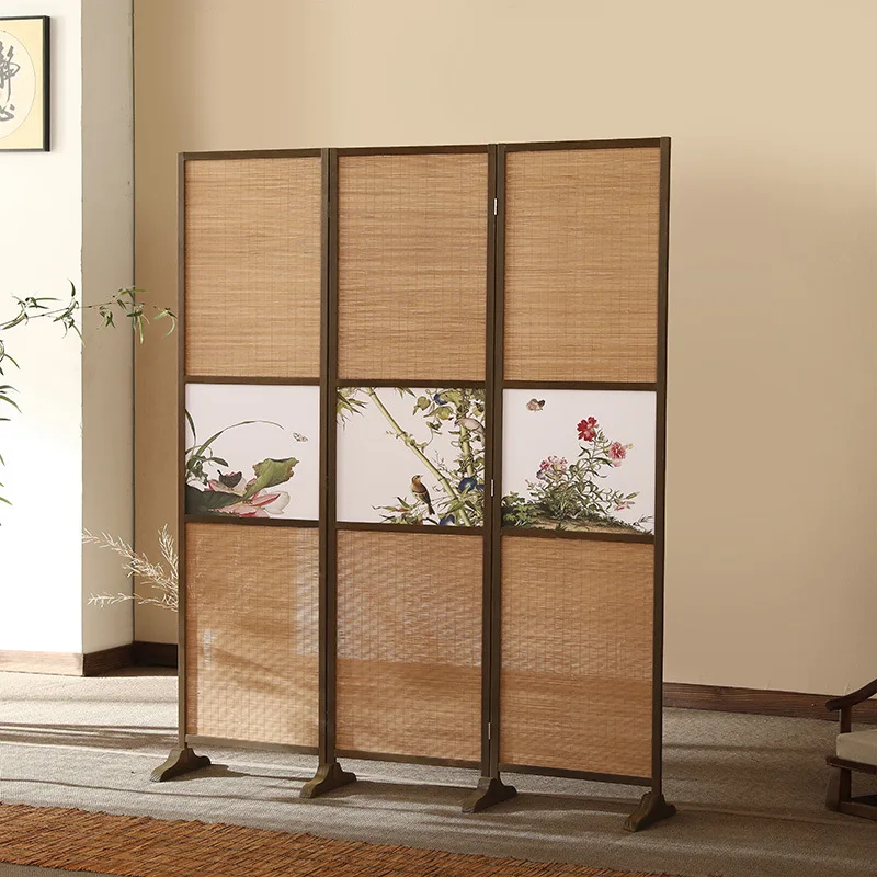 New Chinese screen partition folding door old entrance indoor living room barrier solid wood bamboo mobile simple folding screen