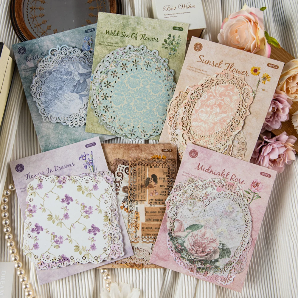 10 ، ورق من مادة الدانتيل الزهري العتيق ، ألوان مختلفة ، مواضيع خيالية ، تستخدم للقرطاسية واليوميات والحرف اليدوية والفن