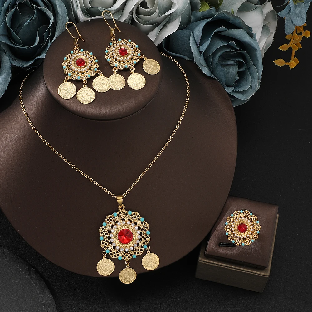 Arab Hot sale Jewelry Sets bohemian tassel pendant Necklace Earring Ring  Set stainless steel golden  for Women Wedding jewelry