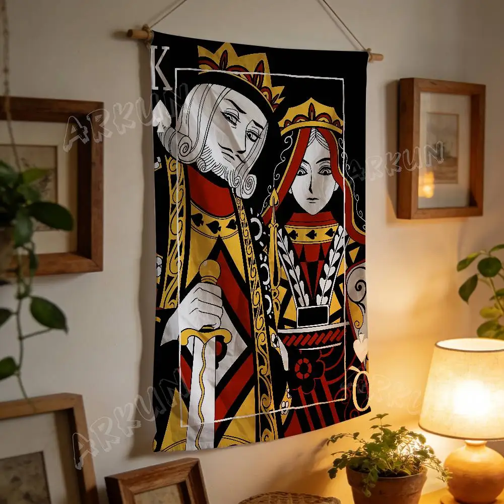Vintage Playing Card King Queen Tapestry Retro Poker Character Wall Hanging Black Red Gold Art Wall Cloth Living Room Decor