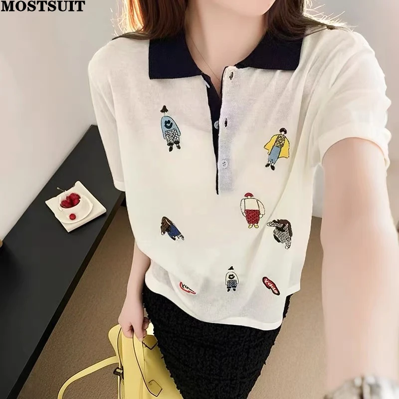 

Лето 2025 г., вязаный свитер из ледяного шелка, футболки, женские жаккардовые свободные тонкие топы с короткими рукавами из мультфильма, футболка, повседневная мода, стильный джемпер