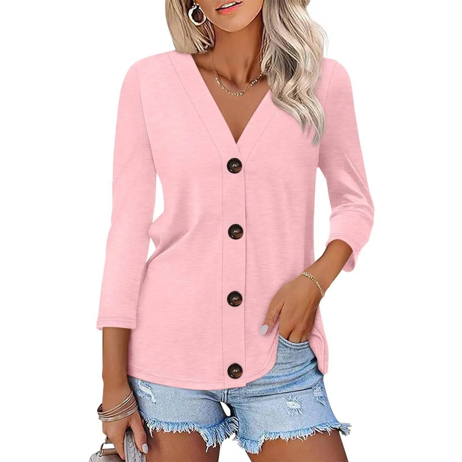 

Women's Button Down Shirts Summer 3/4 Length Sleeve Tops Basic Ladies Tees Women's Fashion Casual Print Shirts Cardigan Tops