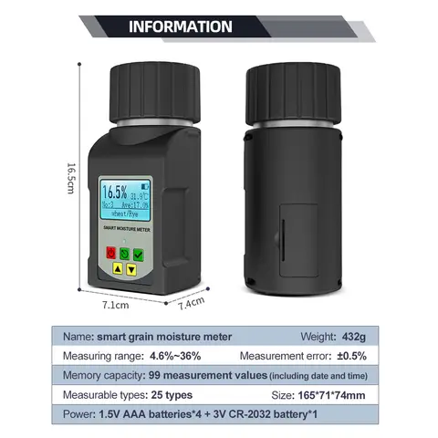 एमजी-प्रो इंटेलिजेंट ग्रेन मॉइस्चर मीटर हाइग्रोमीटर ह्यूमिडिटी टेस्टर 25 प्रकार के अनाजों चावल गेहूं कॉफी बीन बीज मटर सोयाबीन के लिए 8 best sales अनाज नमी मीटर - №5