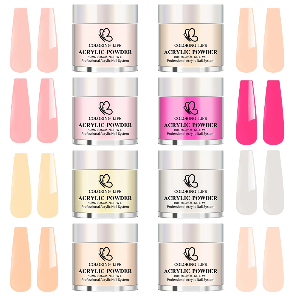 

Набор из 8 флаконов по 10 мл: Профессиональная акриловая пудра для ногтей (нюд, розовый, фуксия, белый) – кристаллическая пудра для наращивания, аксессуары для маникюра