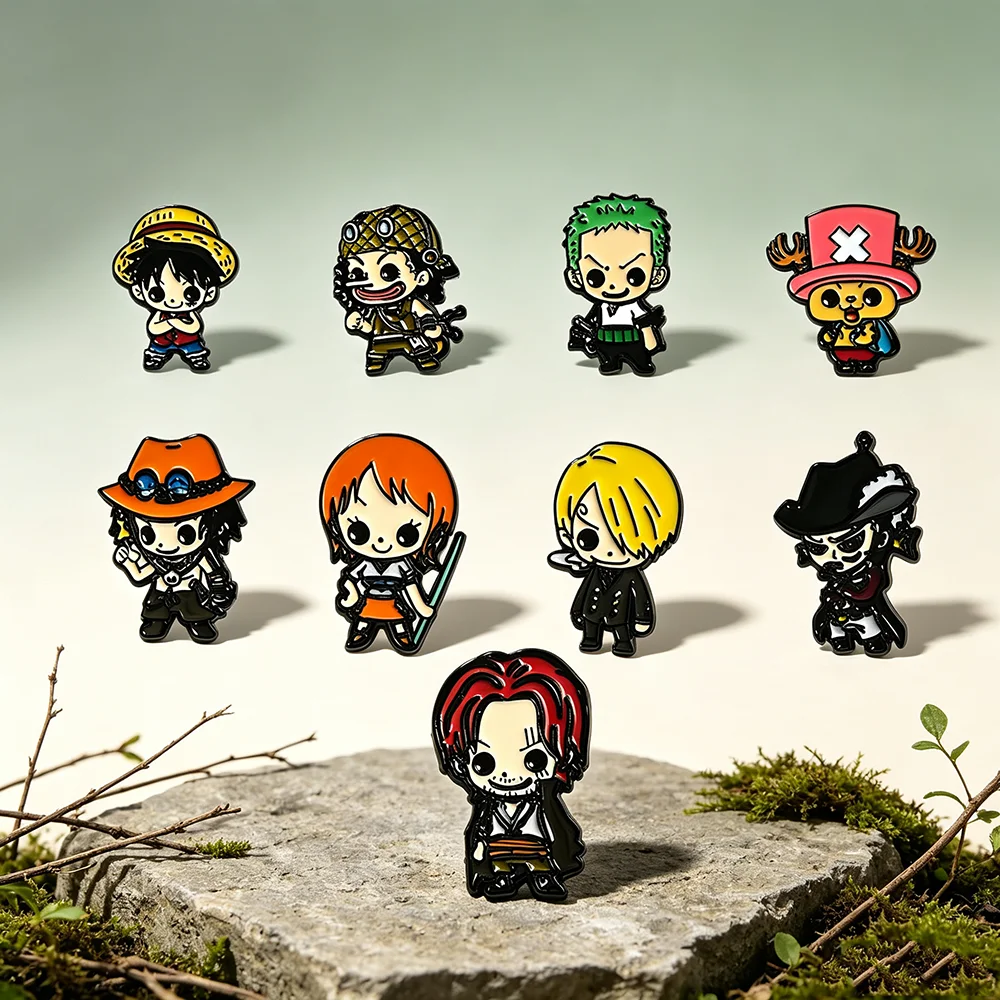 6/7/9pcs Cute Pirate Crew Anime Enamel Pins Set Cartoon Straw Hat Boys Character Metal Lapel Brooches Aesthetic Decor for Bags