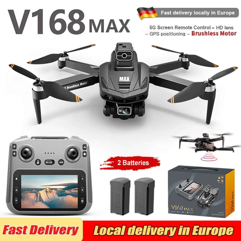 NIEUWE V168 Pro MAX GPS Drone 4K Professionele 1080P HD Camera 5G WIFI FPV Drone Borstelloze Motor 2 Batterijen 4,5 Inch Groot Scherm Afstandsbediening Quadcopter Jongens Speelgoed
