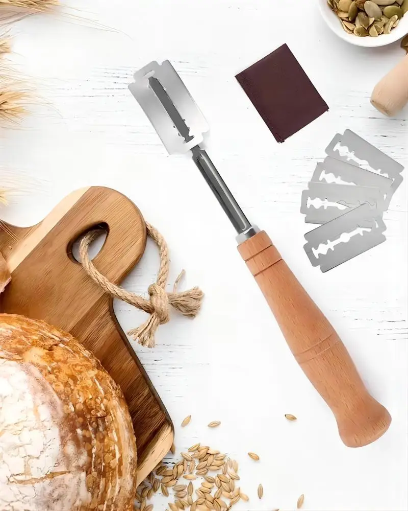 1PC-Wooden Handle Curved Bread Slicer Creative Stainless Steel Bread Shaping Knife Dough Dividing Knife