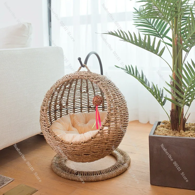 Rattan Cat Hanging Basket Bed Round Semi Enclosed Hammock Swing Lounge All Season Washable Indoor Pet Cave For Summer Winter view 4
