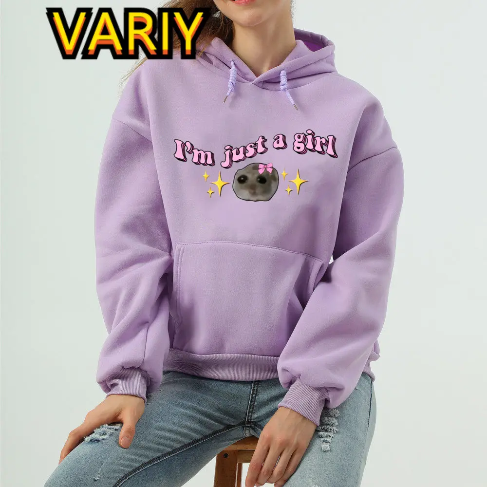 Funny Meme Im Just A Girl Sad Hamster Aesthetic Hoodies Y2k Gothic Print Women Loose Pullovers Sweatshirts Clothes Tops Fleece