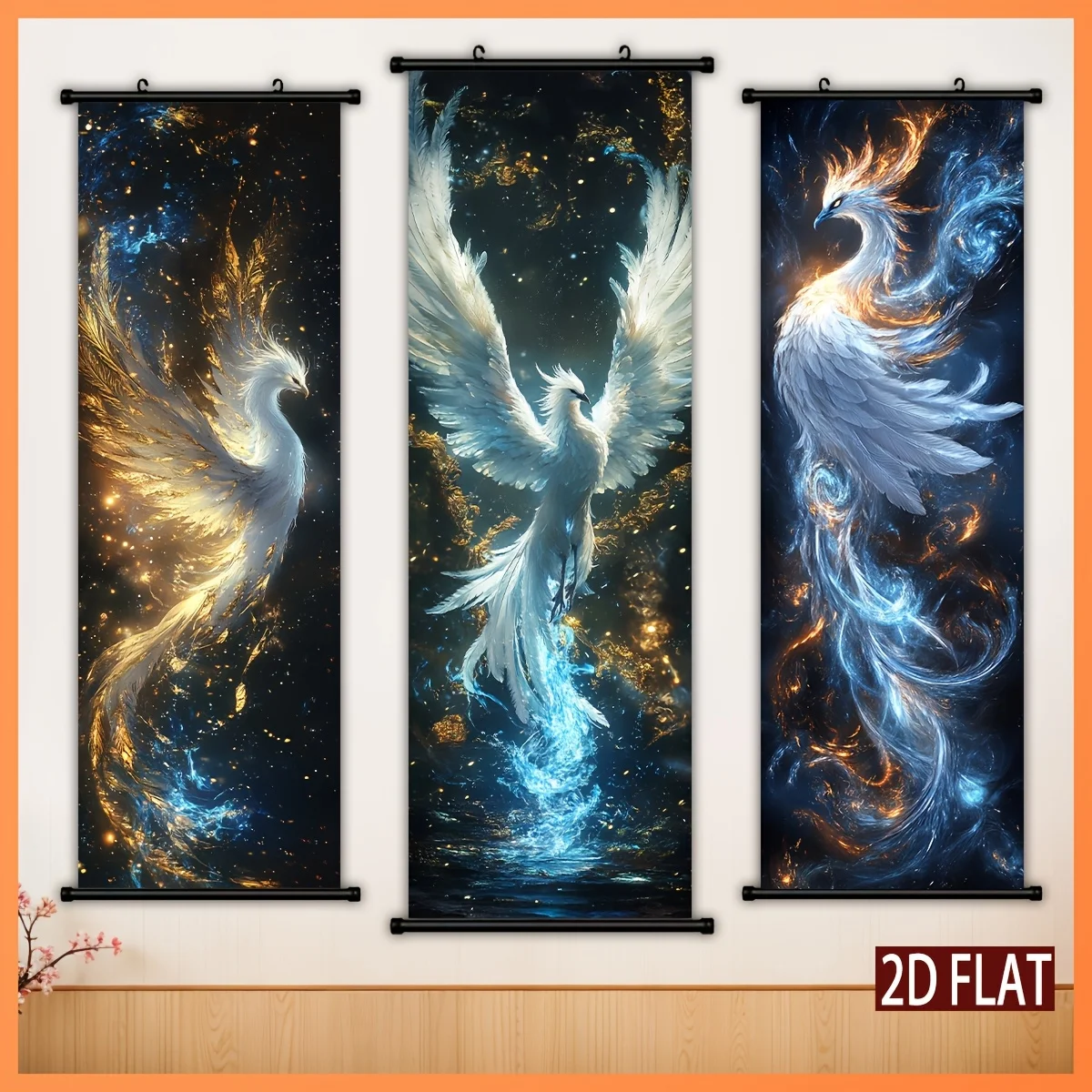 VIKAMA Phoenix Bird Blue Gold Cosmic Wall Art Hanging Scroll Poster Asian Canvas Art Print for Living Room Bedroom Home Decor