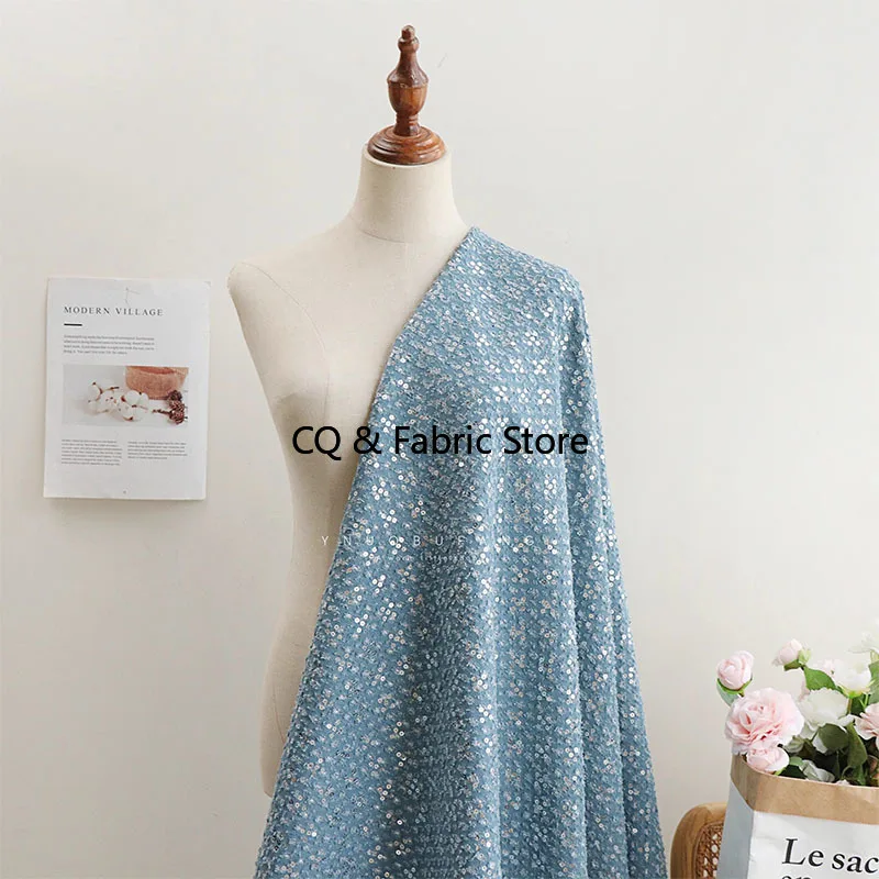 Tessuto denim lavato da donna, giacche alla moda con ricamo di paillettes in puro cotone, abiti, abbigliamento autunnale e invernale al metro