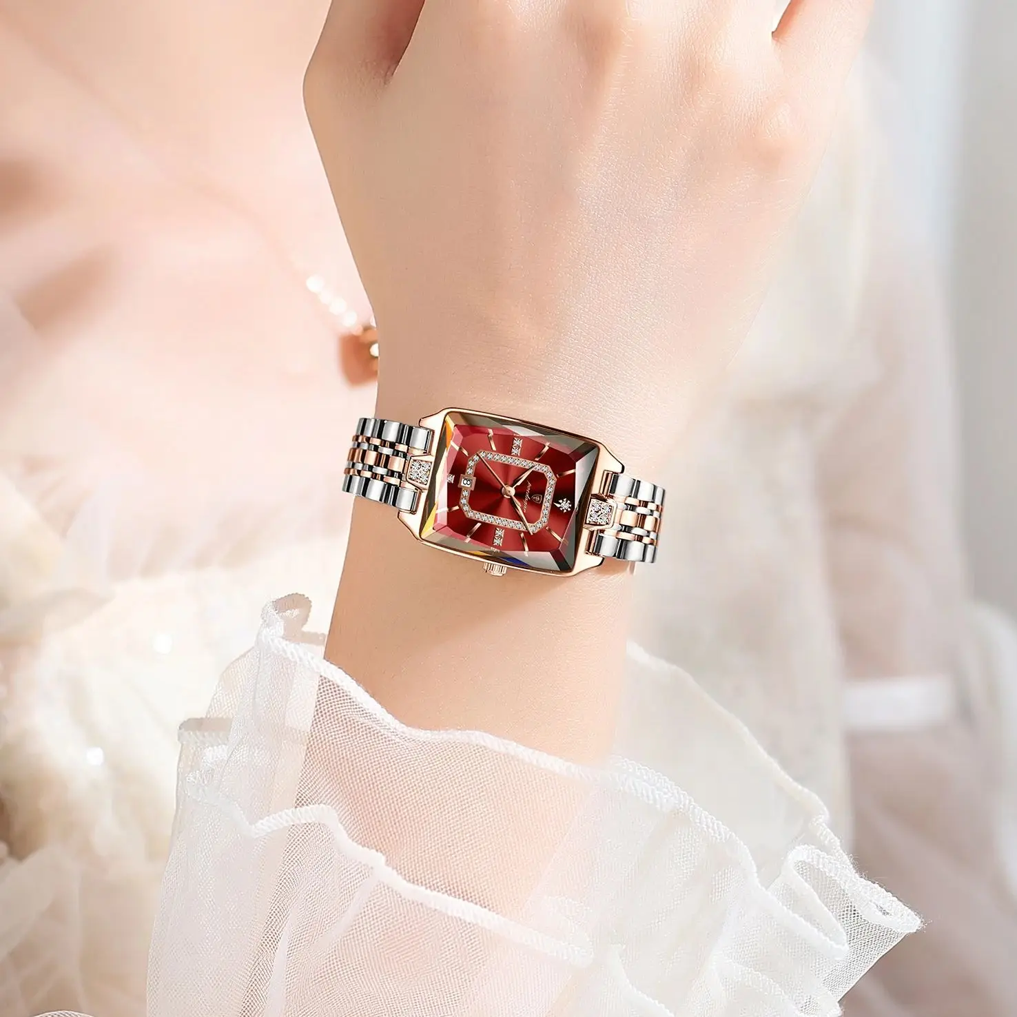 POEDAGAR Orologio di lusso da donna Elegante calendario impermeabile Orologio da donna Rettangolo Orologio da donna al quarzo in acciaio inossidabile Donna