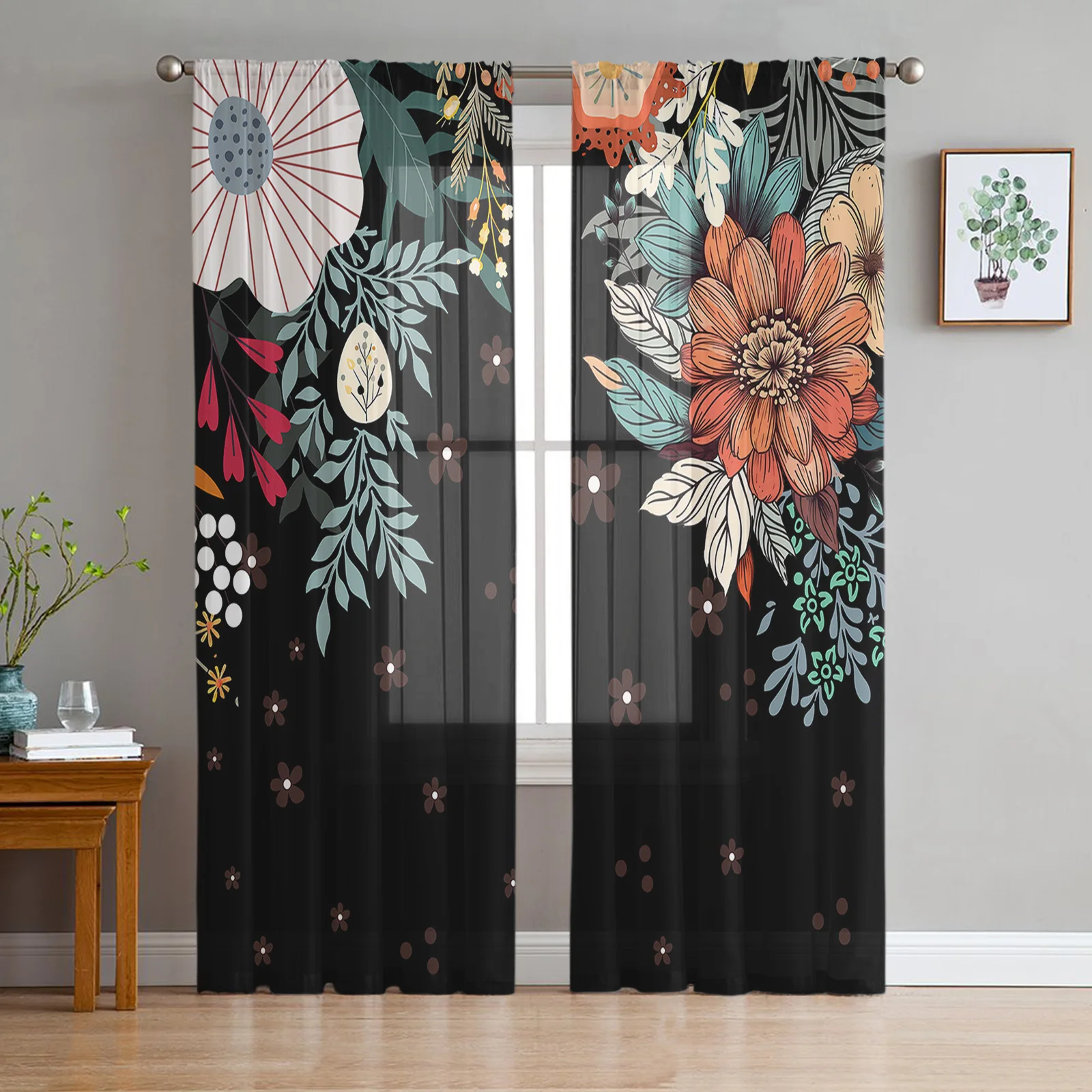 Bohemian Abstract Style Flowers Plants Black Sheer Curtains for Living Room Decor Window Curtains Kitchen Tulle Voile Curtains