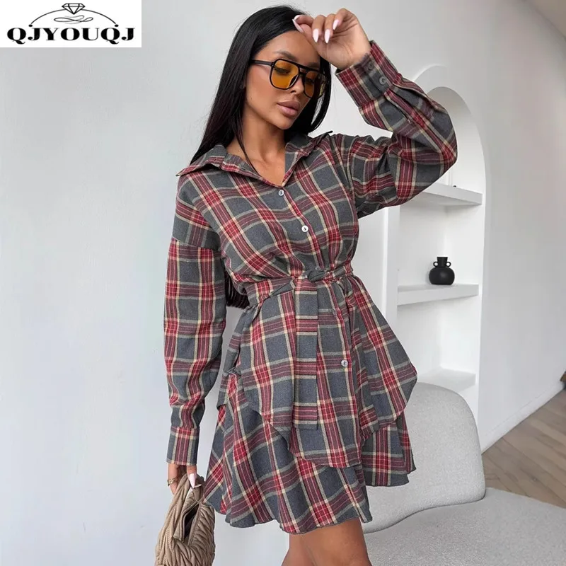 

New European and American fashion casual plaid women's clothing flip collar loose shirt+slim fit skirt two-piece set