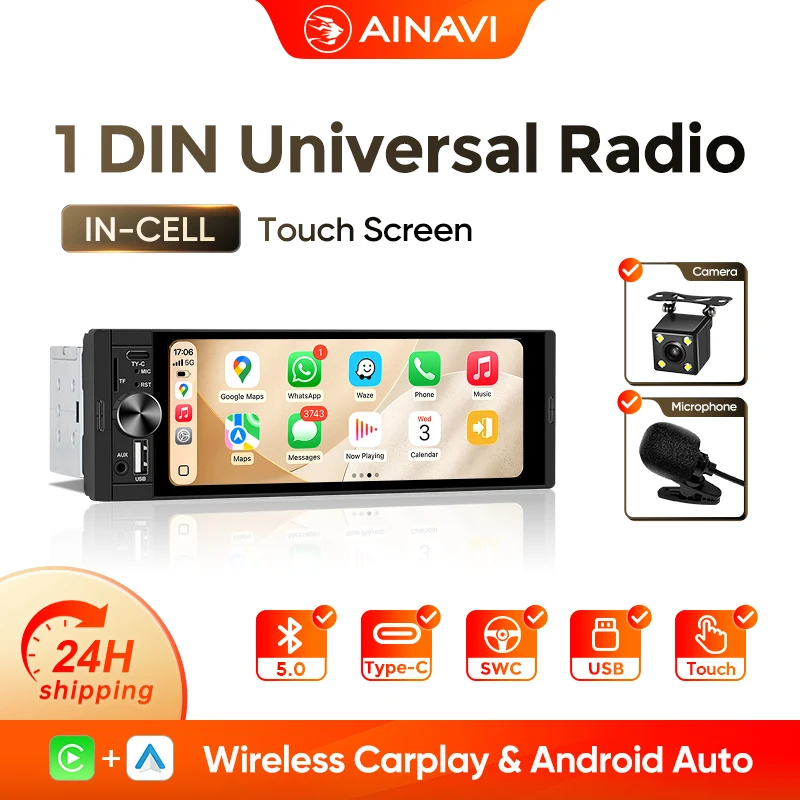 AINAVI 1 DIN Carplay Autoradio Android Auto Universelles Auto-Multimedia-Gerät MP5 HD IPS Touchscreen 1280*480 Full In-Cell TECH Monitor CVBS Rückfahrkamera 1Din Struktur Autoradio Versand aus