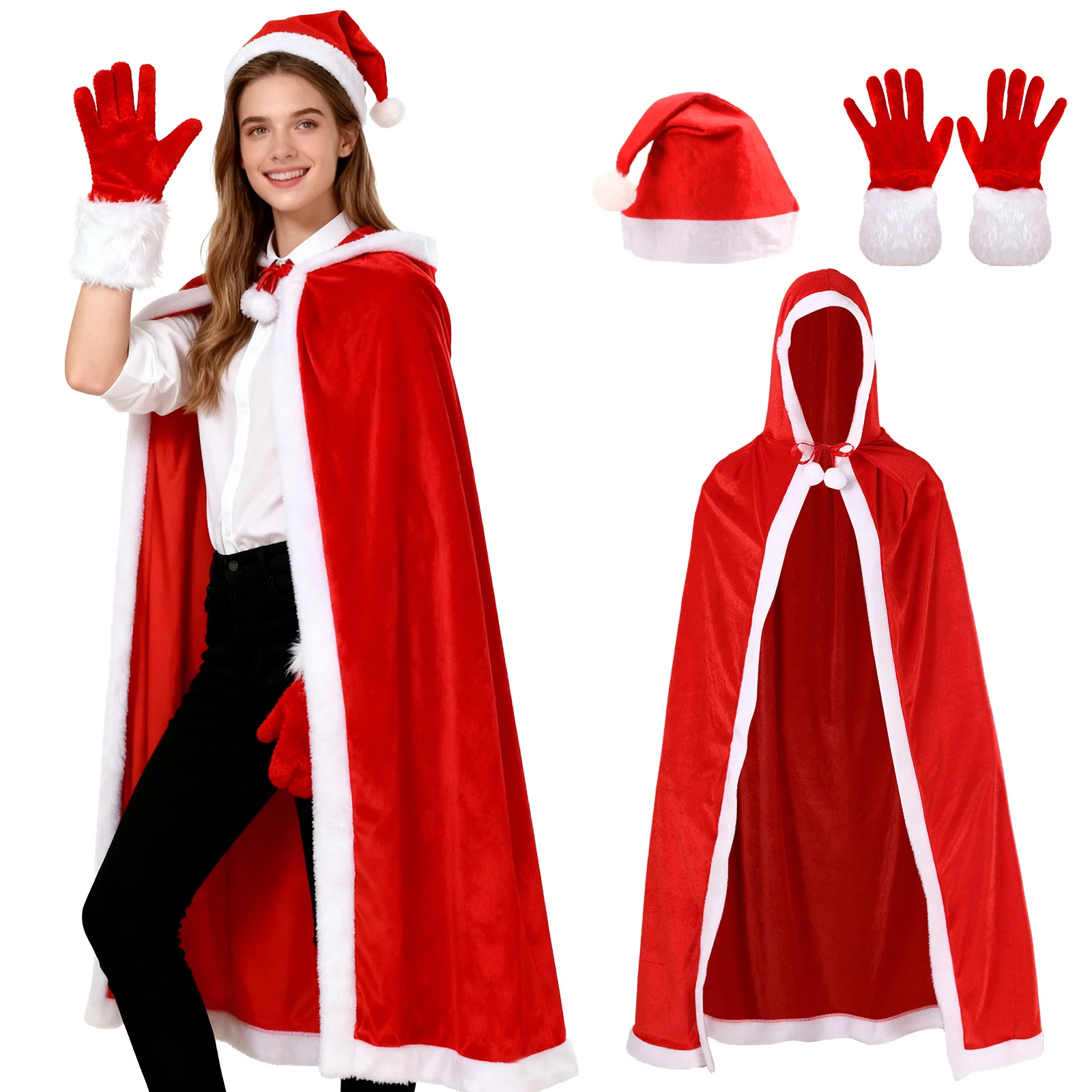 

Santa Claus Costume Santa Cloak Velvet Hooded Cape and Hat Gloves Mrs Claus Outfit Christmas Cosplay Costume for Women Men