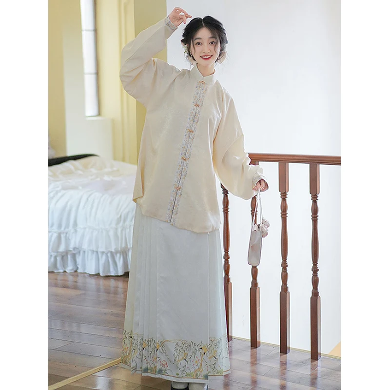 

Nanzhi женский традиционный китайский костюм ханьфу с воротником-стойкой и вышитым бантом, юбка для лица, повседневные поездки и си...