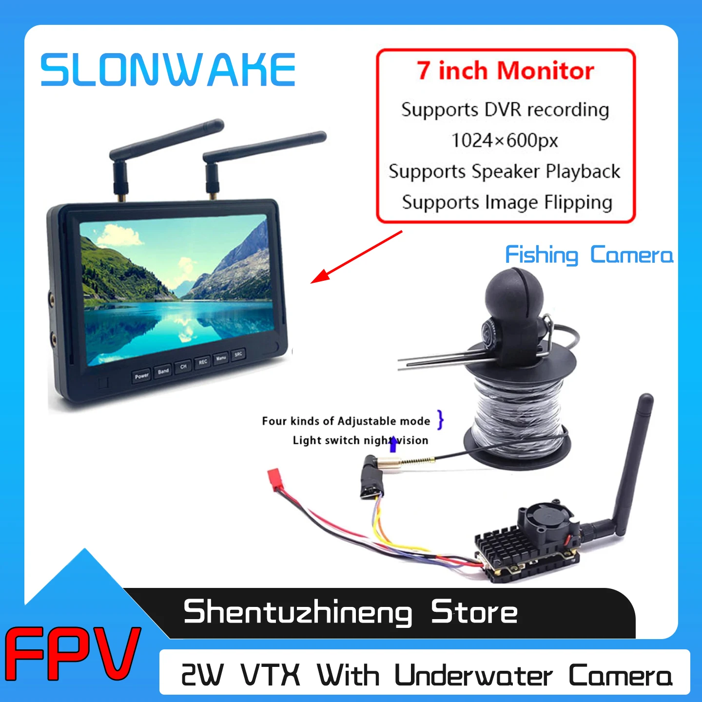 Long Range Underwater 220° Fishing Camera Waterproof have Night Vision with 2000mW fpv vtx transmitter and 7Inch IPS fpv monitor