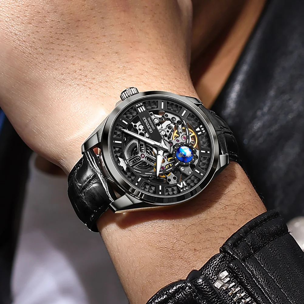 Oupinke-男性用の穴のある機械式時計,自動,オリジナル,自由奔放に生きるスタイル,ファッショナブル,2番目の手,トップブランド