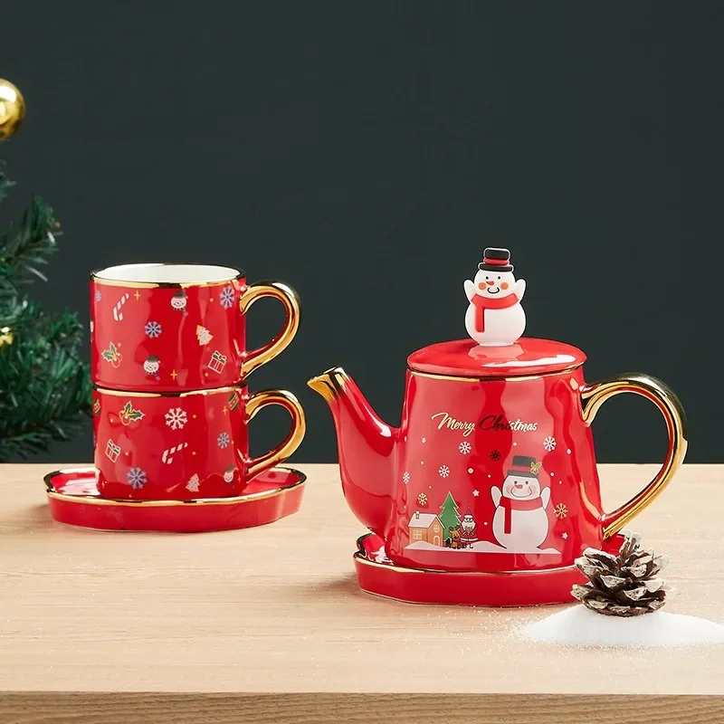 Santa Claus/Elk/Snowman Tea Pot and Cup Set Christmas Ceramics Teaware Sets Coffee Cup & Saucer Drinkware Xmas Gift 1 Pot 2 Cups