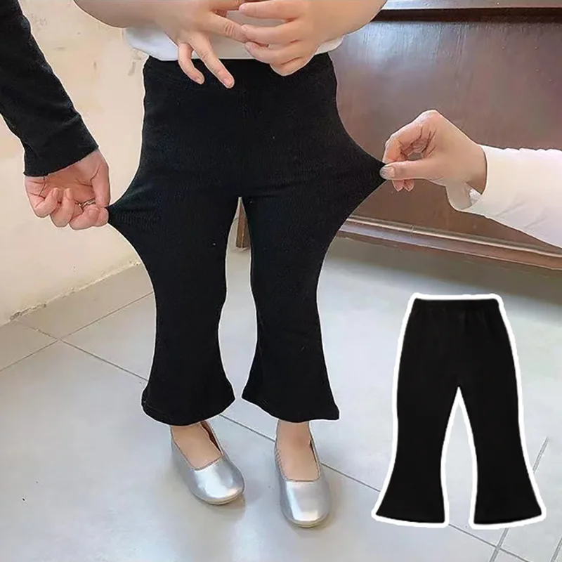 한국 스타일 소녀 탄성 Legging 봄 가을 솔리드 컬러 플랫 허리 마이크로 플레어 바지 유아용