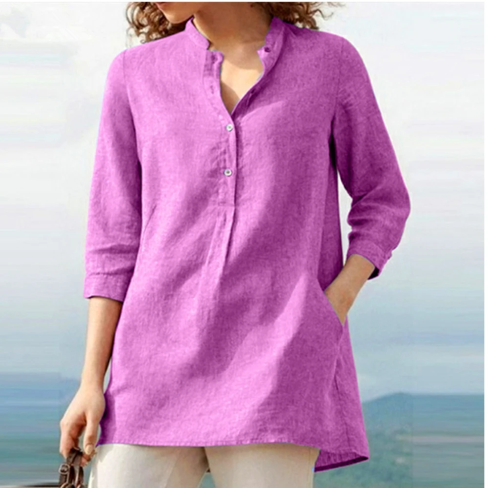 New Solid Color Seven-Part Sleeve Standing Collar Cotton Women's Casual Pullover Shirt Sehe Fashion