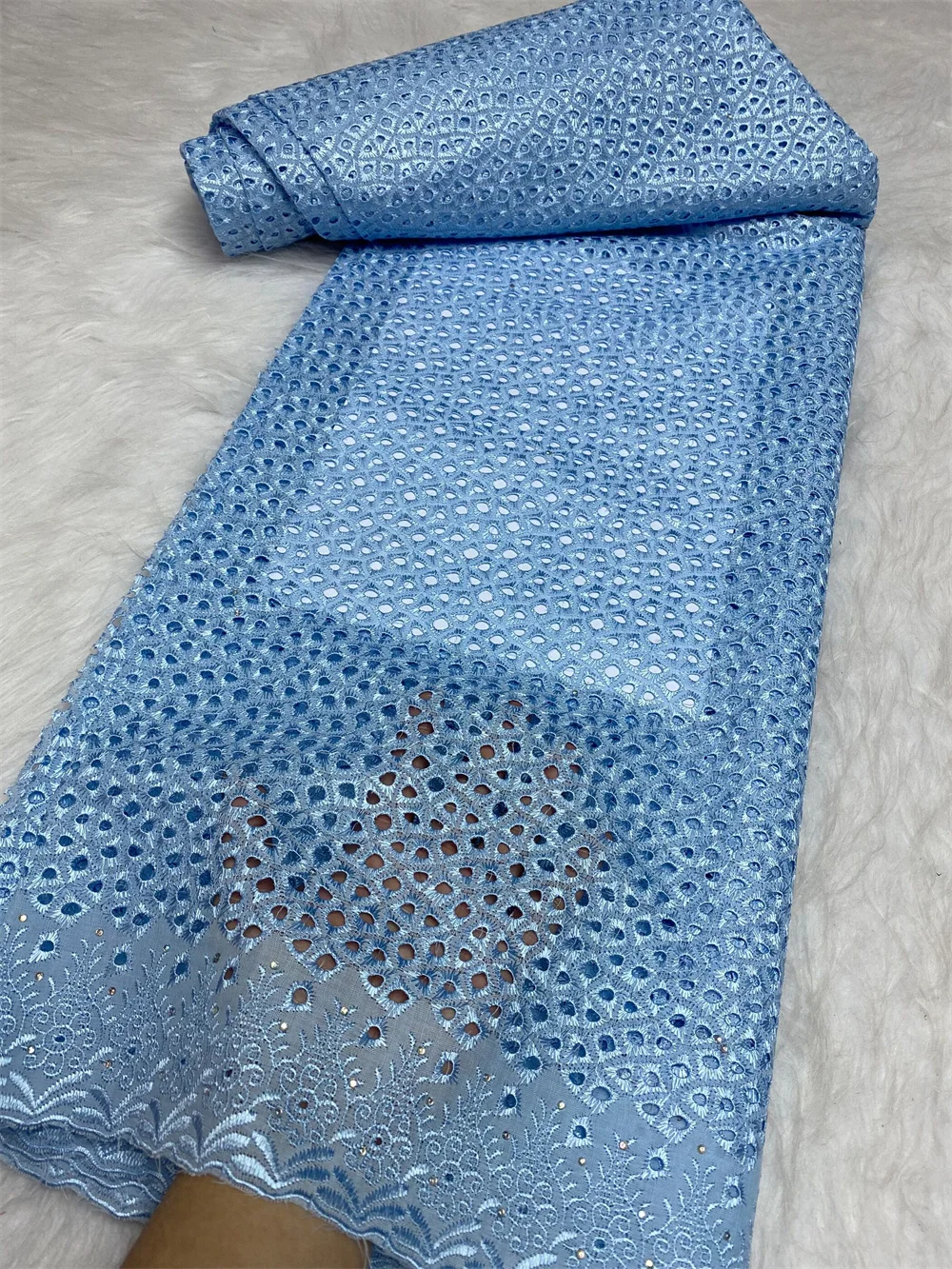 

African 5 Yards Fabrics 3d Embroidery For Women Party Dresses With Rhinestone Water Soluble Blue Cotton Sequins Lace Fabric 2023