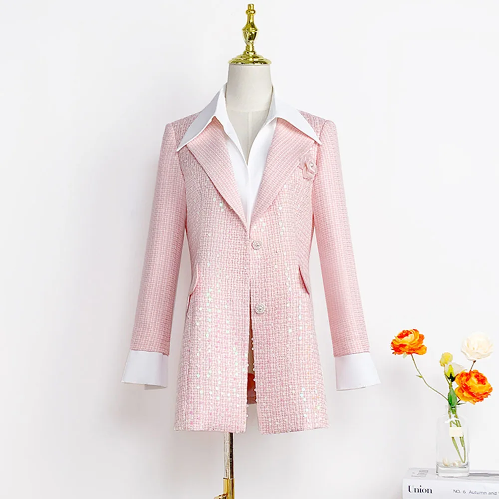 Pink Sequin Elegant Jacket Women Elegant Small Fragrant Coat Crop Tops Korean Fashion Simple Long Sleeve Slim 3D Flower Blazers