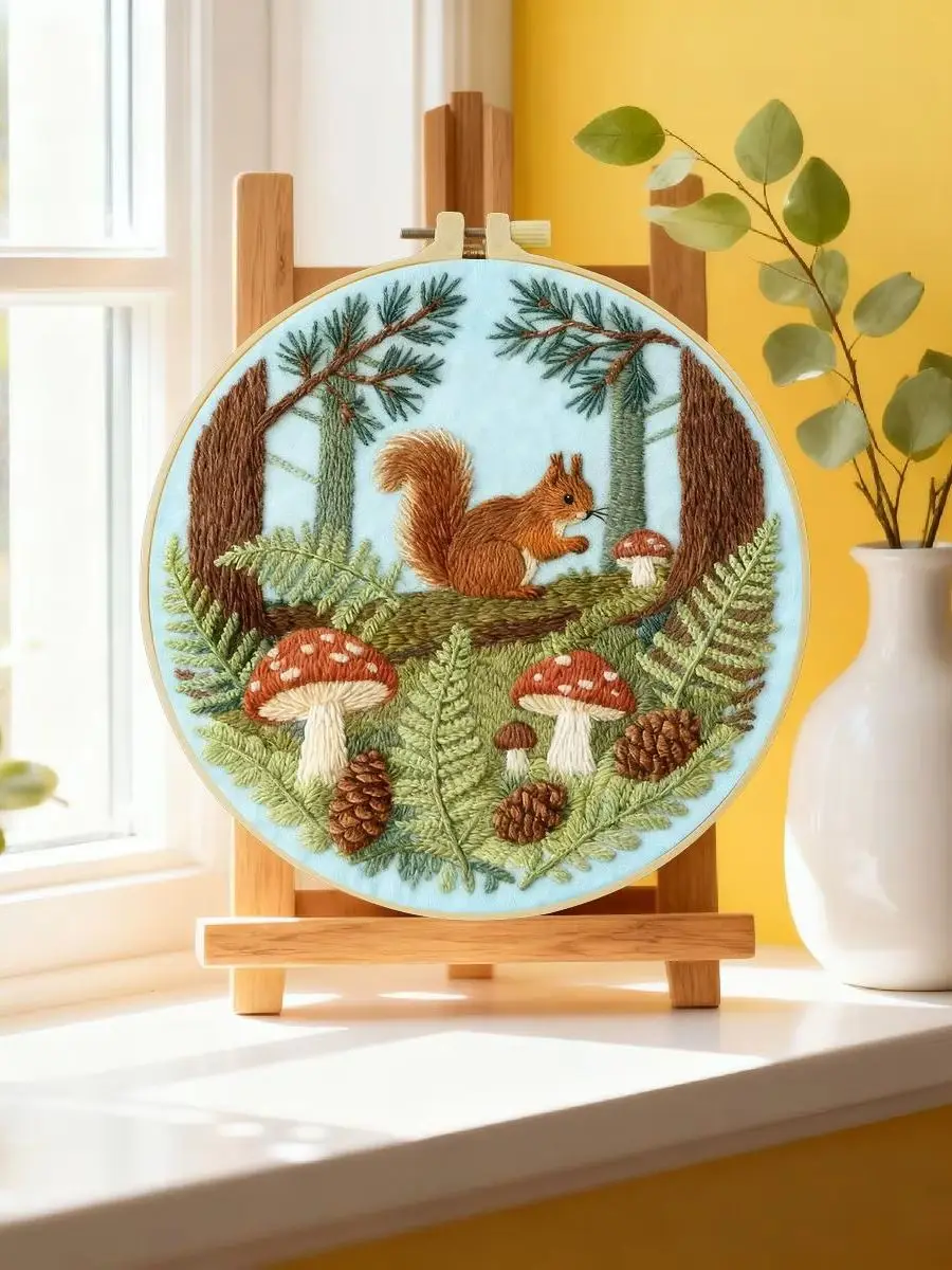 1 Stück 20X20CM/15X15CM 7,87/6,3 Zoll Die Eichhörnchen im Wald Stickerei-Starter-Kit DIY-Kit DIY-Stickerei-Set Handarbeiten – Detail 6