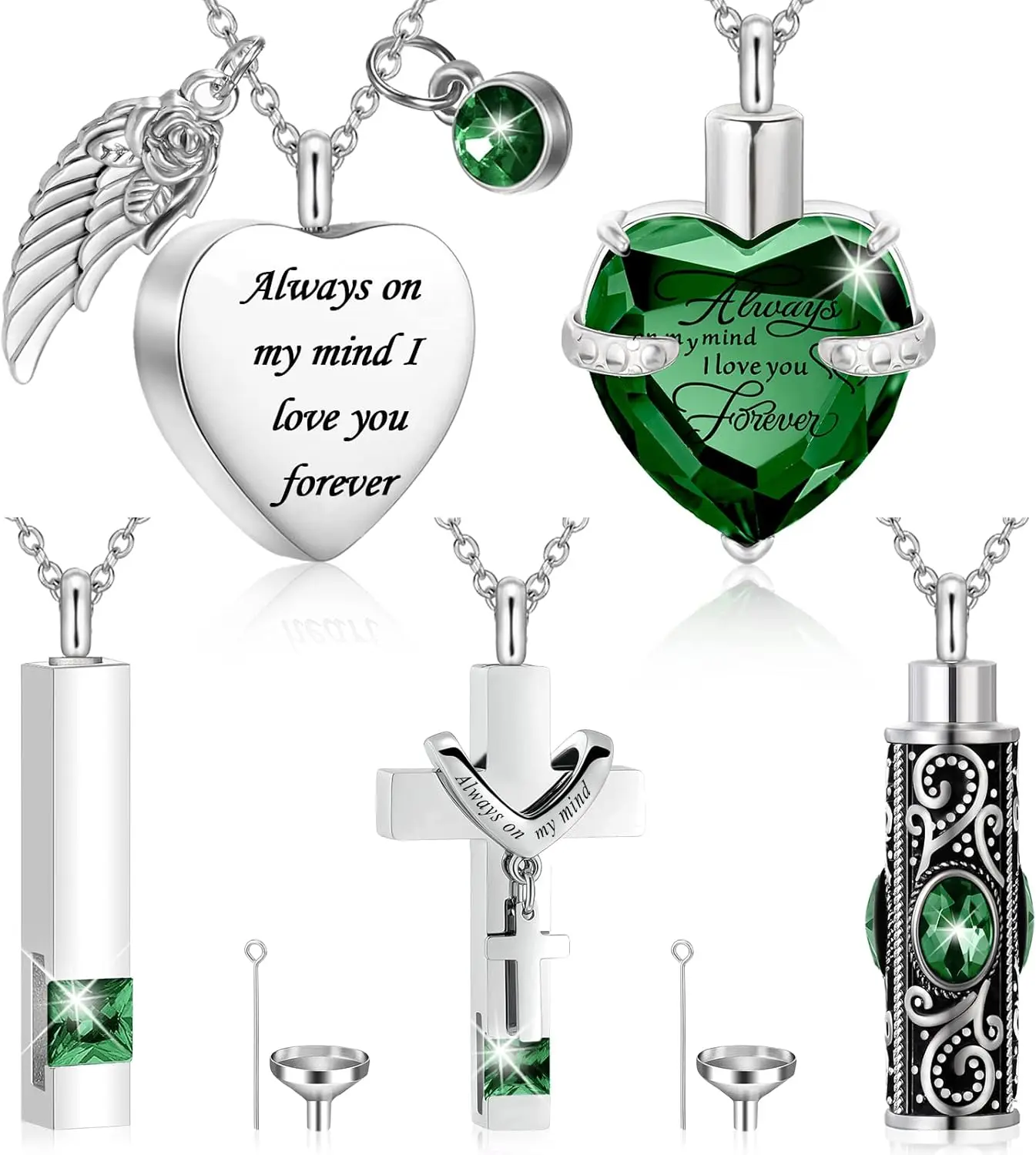 

Набор из 5 ожерелий Fumete для праха: ювелирные украшения для кремации, памятные ожерелья с сердцем и крестом из кубической нержавеющей стали