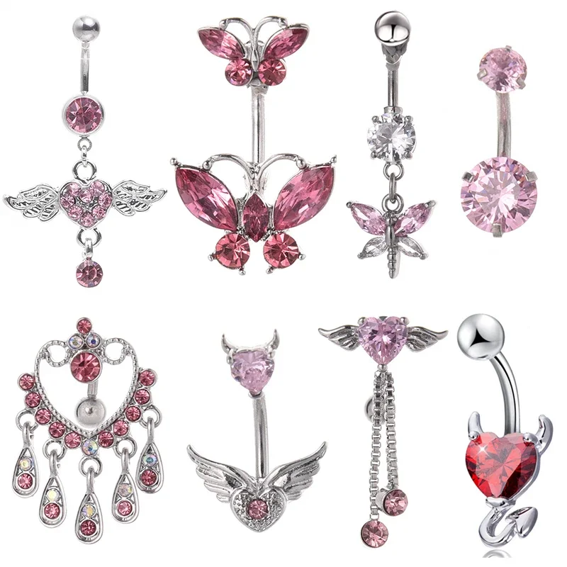 Cute Pink Crystal Navel Rings Surgical Steel Belly Button Ring Navel Nombril Piercing Belly Ring Sexy Heart Women Body Jewelry