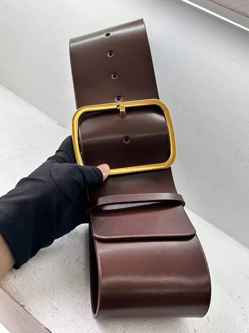 Full‑Grain Real Leather Wide Waist Belt Gold Square Buckle Women Spring Decorative Waistband for Coat Dress Fashion Accessory