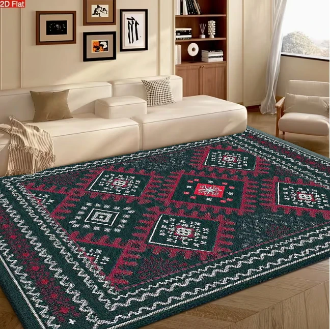 Dark Green Red Bohemian Kilim Geometric Pattern carpet flooring, Retro Ethnic Tribal Area Rug for Living Room Bedroom Home Interior