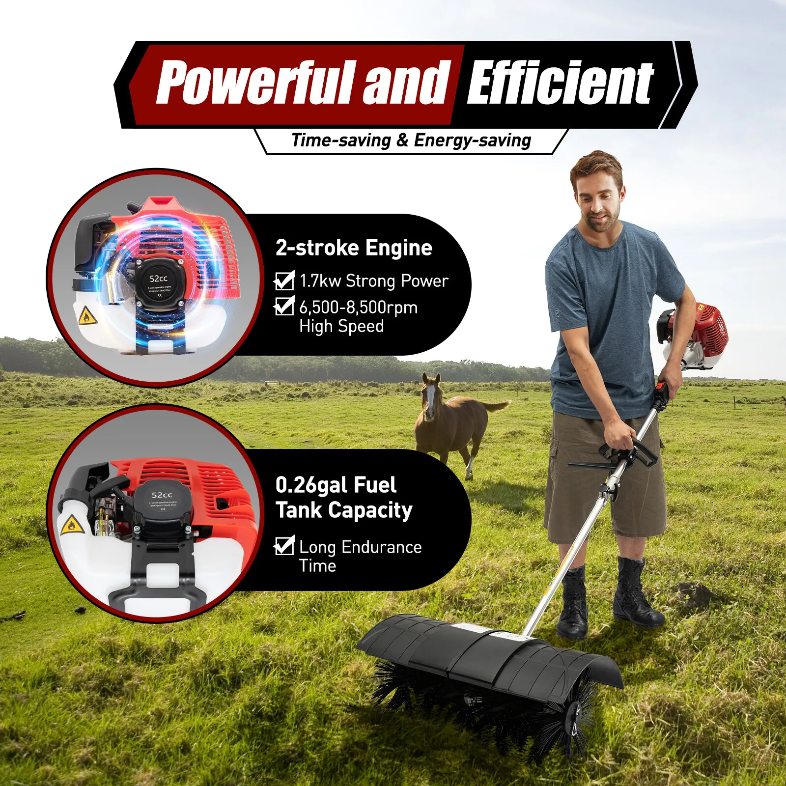 

Professional 2.3HP Power Broom, 52cc Gas Sweeper for Large Areas & Heavy Debris