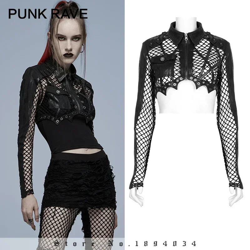 PUNK RAVE Women's Punk Irregular Mesh Printed Military Short Jacket Bat & Corns Decoration Handsome Cool Gloss Black Small Coat