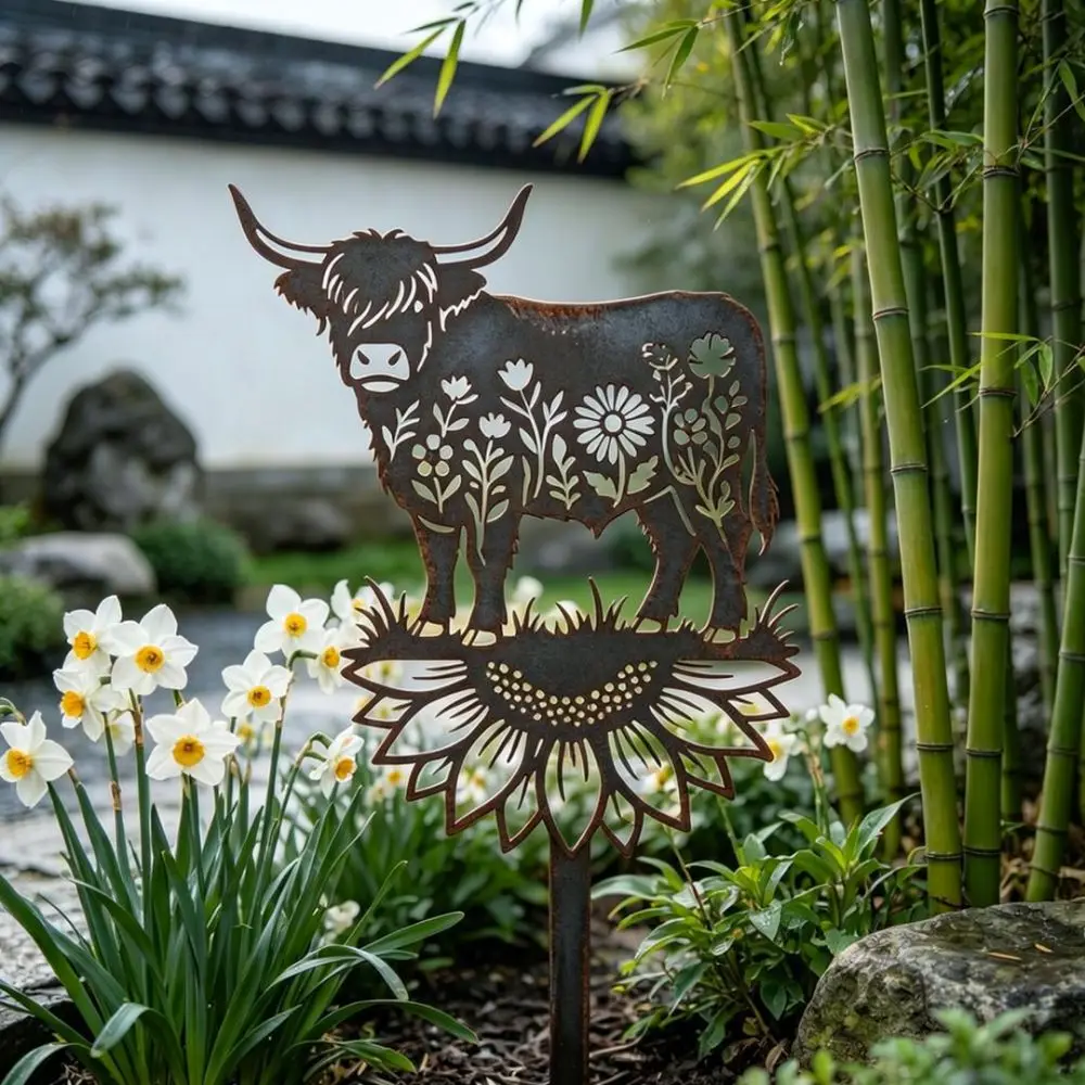 Rustic Iron Highland Cow Garden Decor Metal Animal Stake Outdoor Yard Ornament Decorative Flowerbed Signage