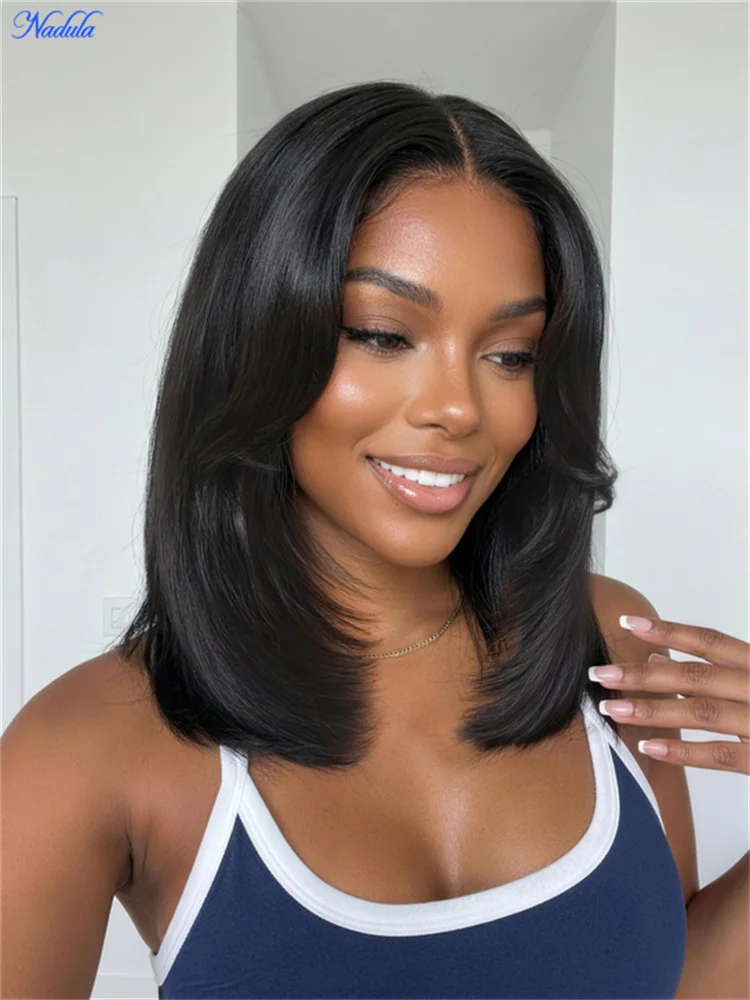 Nadula Soft Blowout Layered Straight Bob Human Hair Wig with Feathered Layers and Curtain Bangs Shoulder-Length  Salon Style 7x5 Pre Cut Transparent Lace Pre Bleached Tiny Knots Pre Plucked Drawstring Glueless Wig For Women