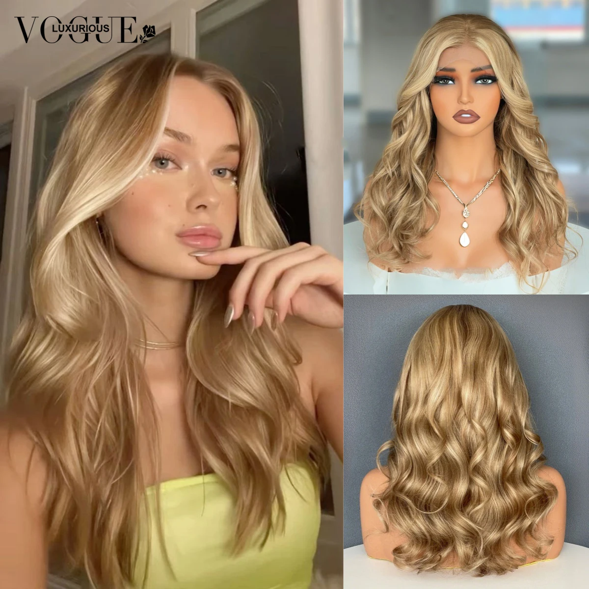 LUX VOGUE تسليط الضوء على ضباب الذهب Balayage اللون Beachy موجات 100% عذراء شعر مستعار 190% الكثافة 13x6 ترقية عارية اللون الدانتيل الباروكات