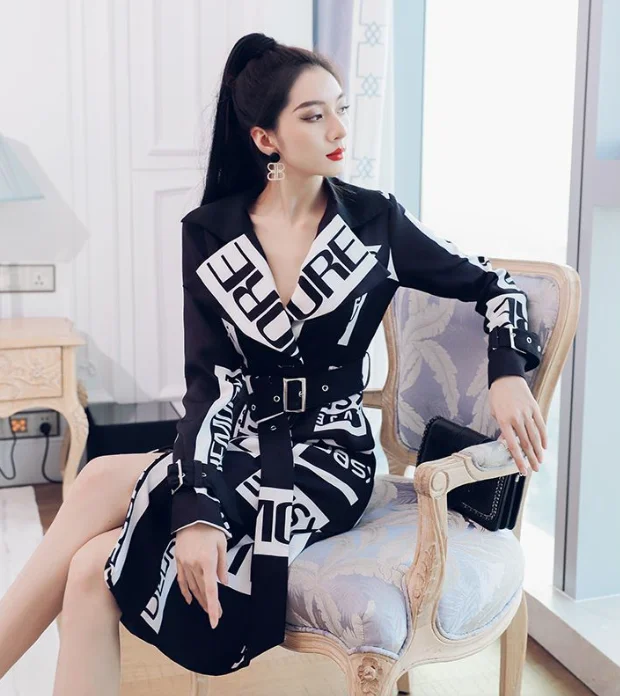 Autumn Fall Warm Trending Lady Office Letter Print Elegant Winter Jacket Woman Clothes For Women Trench Coat Women Long Coat