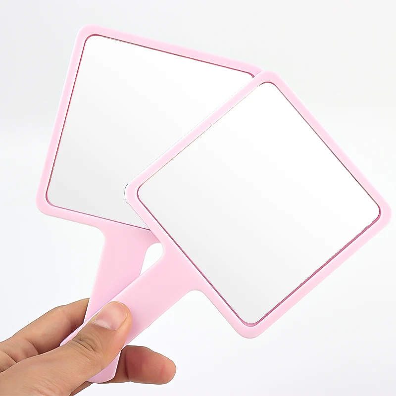 Pink Handheld Makeup Mirror Square Handle Cosmetic Mirror Cute Cartoon Print Portable Facial Makeup Mirror Daily Beauty Use